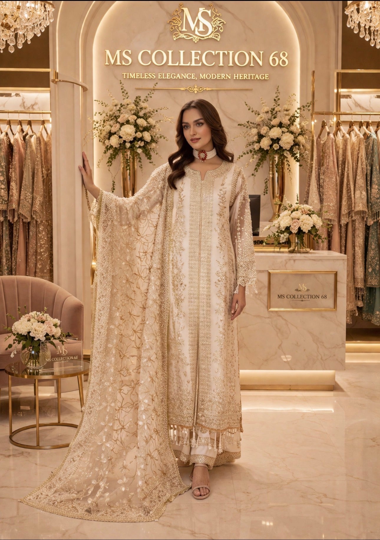 NUREH- 3 pieces heavy embroidered soft organza suit