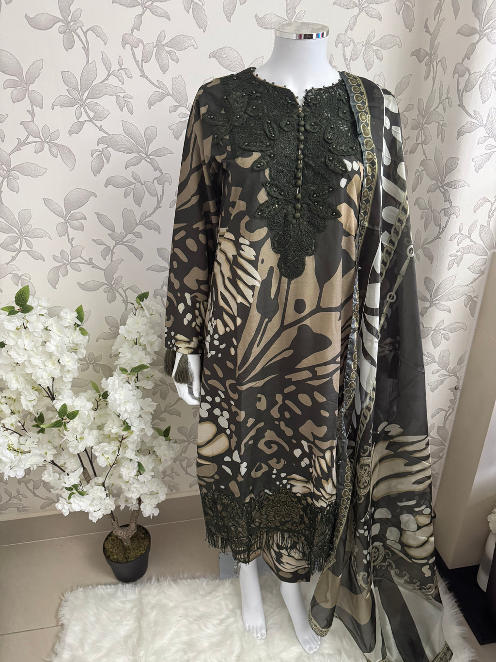 M Prints inspired Embroidered 3-Piece Suit | Pakistani Designer Dress
