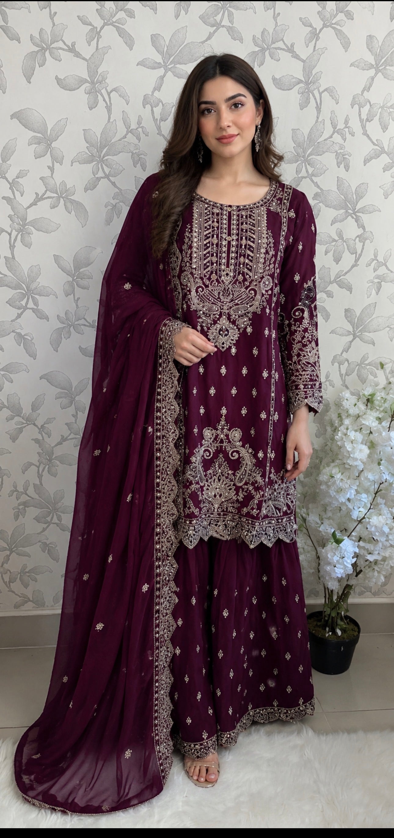 SAFFA- 3 piece Embroidered Chiffon Gharara Suit