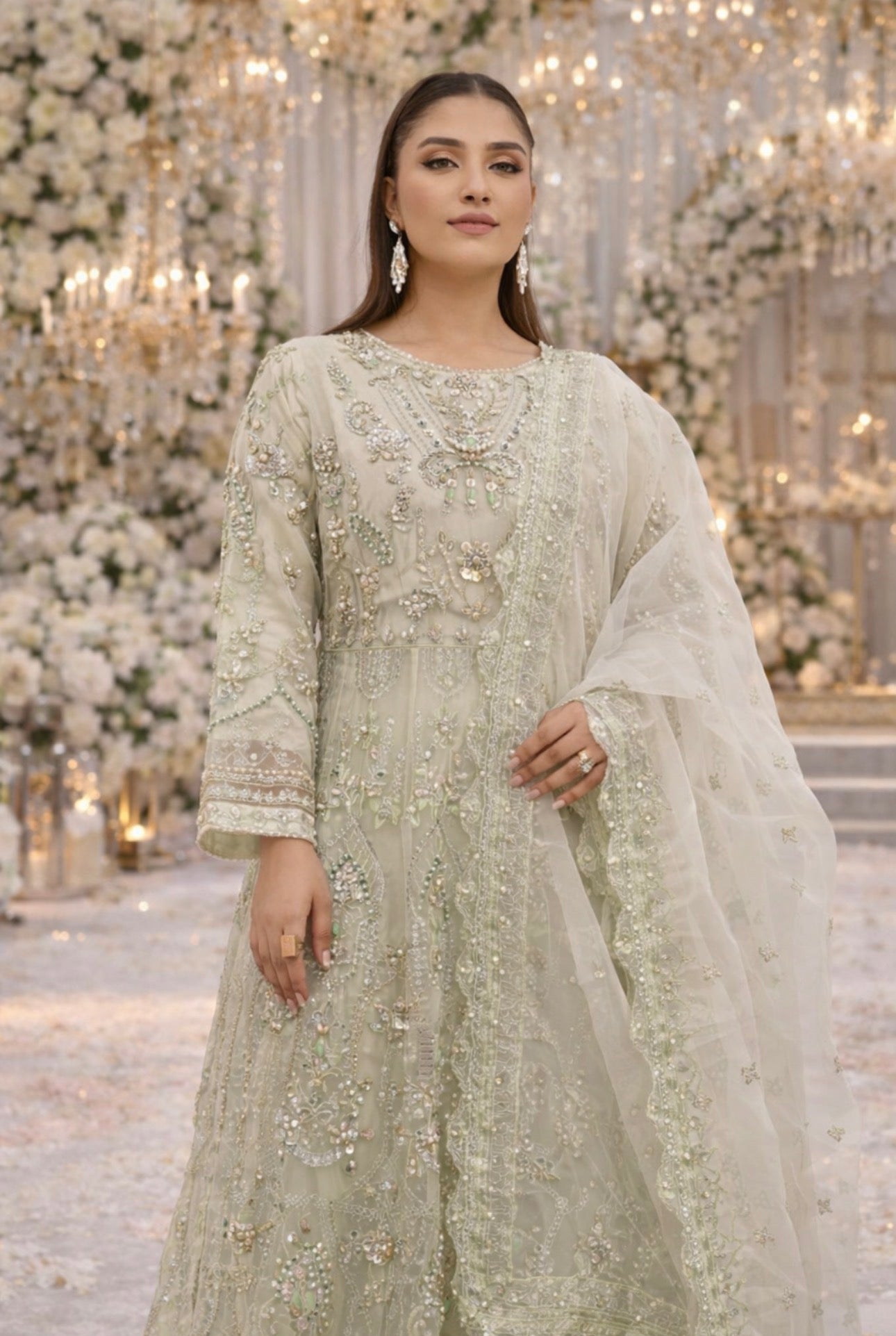 VANA- 3 piece jewellery stones Embroidered soft Organza Maxi