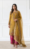 Mustard Gold Embroidered 3-Piece Suit with Magenta Palazzo &  Dupatta
