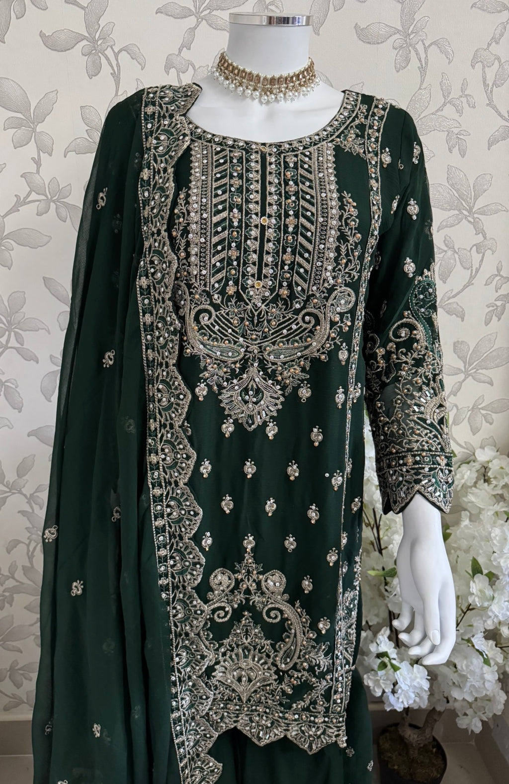SAFFA- 3 piece Embroidered Chiffon Gharara Suit