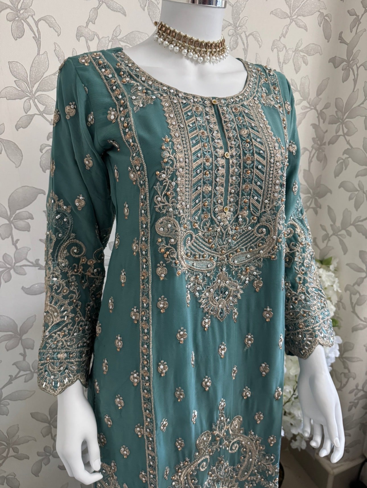 SAFFA- 3 piece Embroidered Chiffon Gharara Suit
