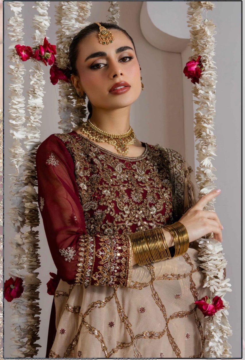 ALANI Royal Maroon- 3 pieces heavy embroidered chiffon Maxi Dress