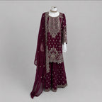 SAFFA- 3 piece Embroidered Chiffon Gharara Suit