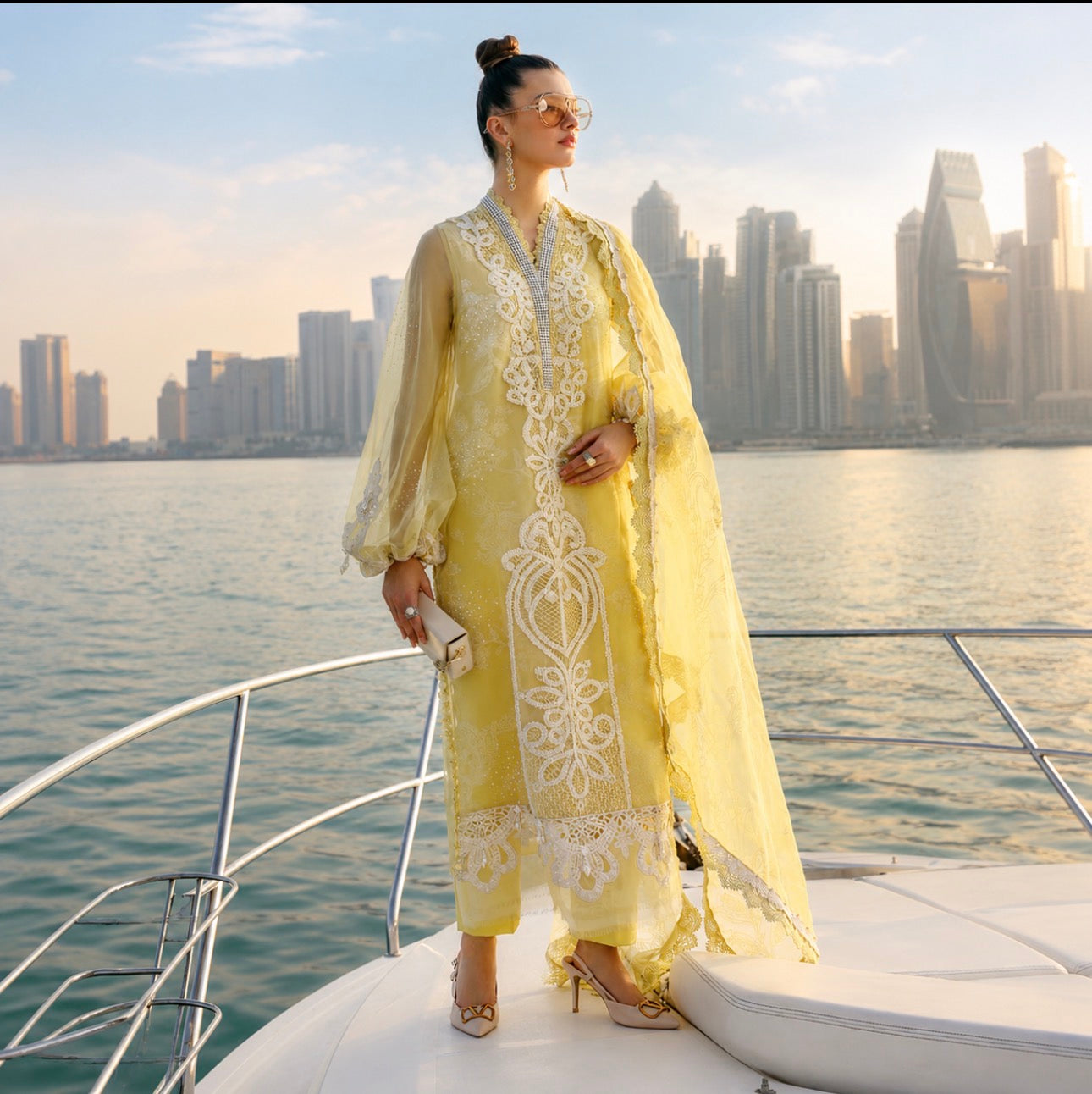 Lemon Luxe-3 piece Luxury Embroidered organza Suit