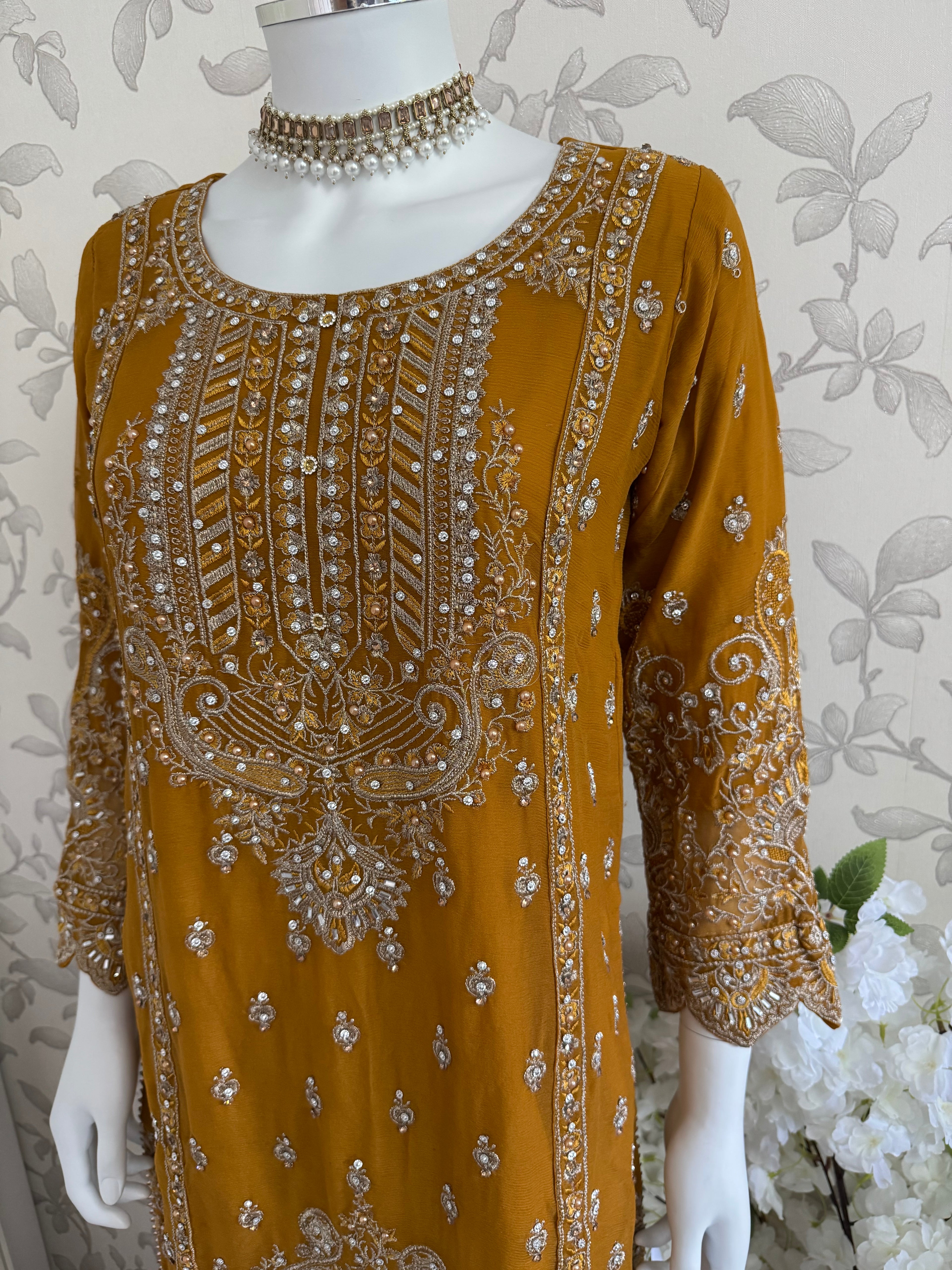 SAFFA- 3 piece Embroidered Chiffon Gharara Suit