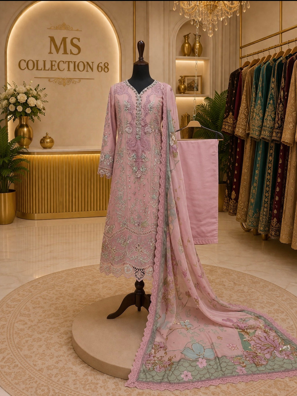 Luxury Blush Pink Embroidered 3 piece Chiffon Suit  | Pakistani Wedding & Formal Wear