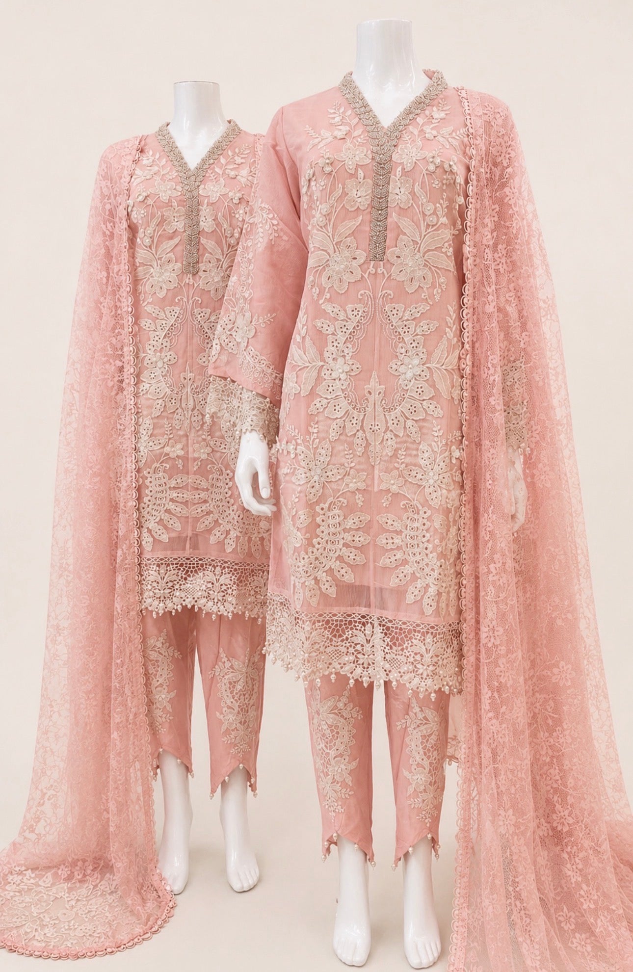 Rose Quartz-3 piece Luxury Embroidered khaadi Net Suit