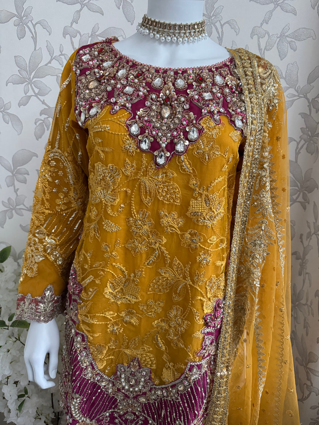 IMROZIAA- 3 piece Embroidered chiffon Gharara Suit