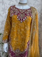 IMROZIAA- 3 piece Embroidered chiffon Gharara Suit