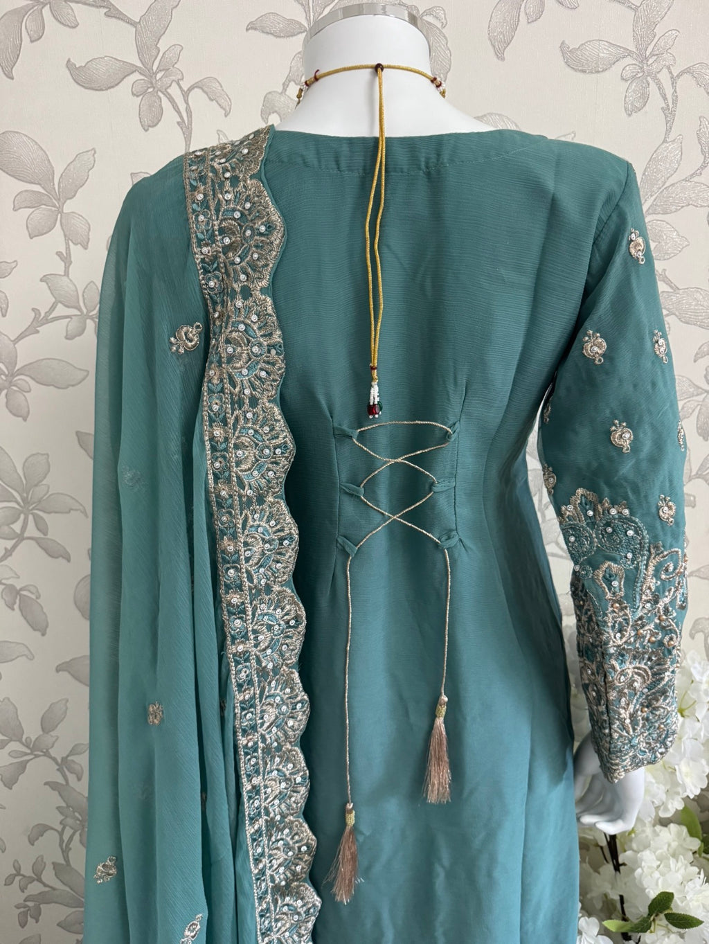 SAFFA- 3 piece Embroidered Chiffon Gharara Suit