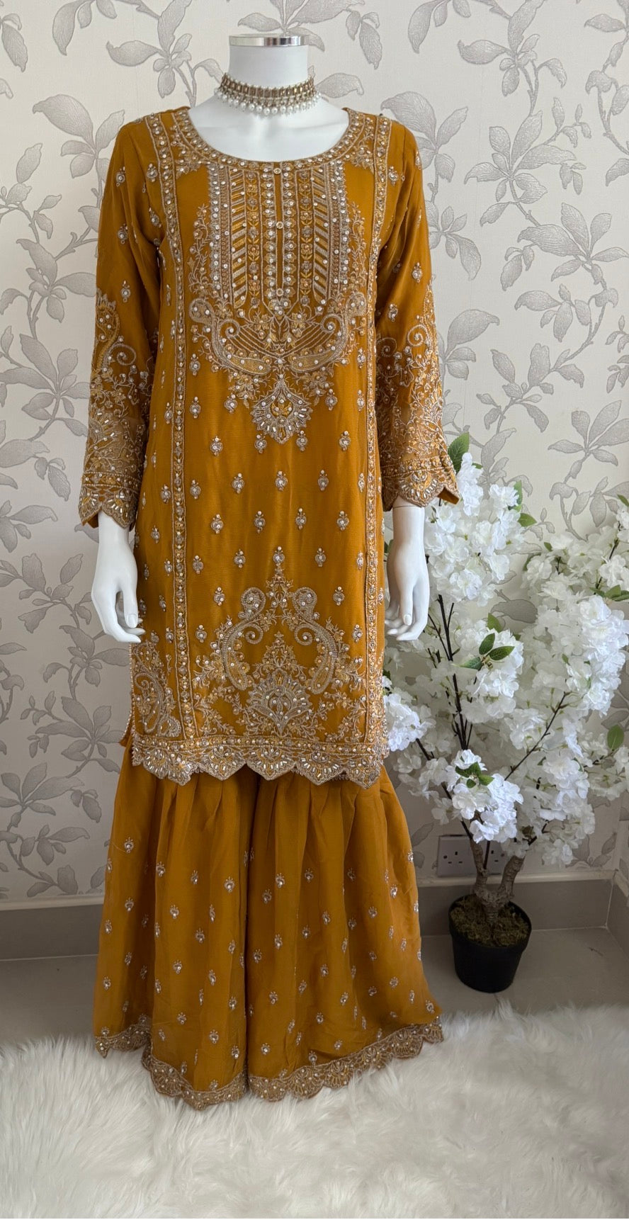 SAFFA- 3 piece Embroidered Chiffon Gharara Suit