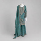 SAFFA- 3 piece Embroidered Chiffon Gharara Suit