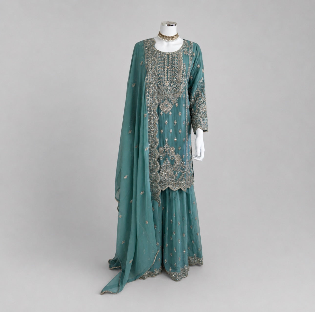 SAFFA- 3 piece Embroidered Chiffon Gharara Suit