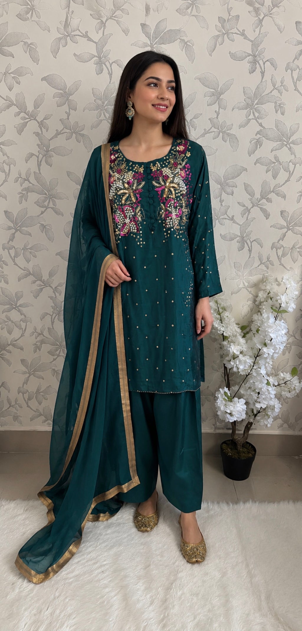 SILKY CHARM- 3 piece sequins Embroidered Silk Suit