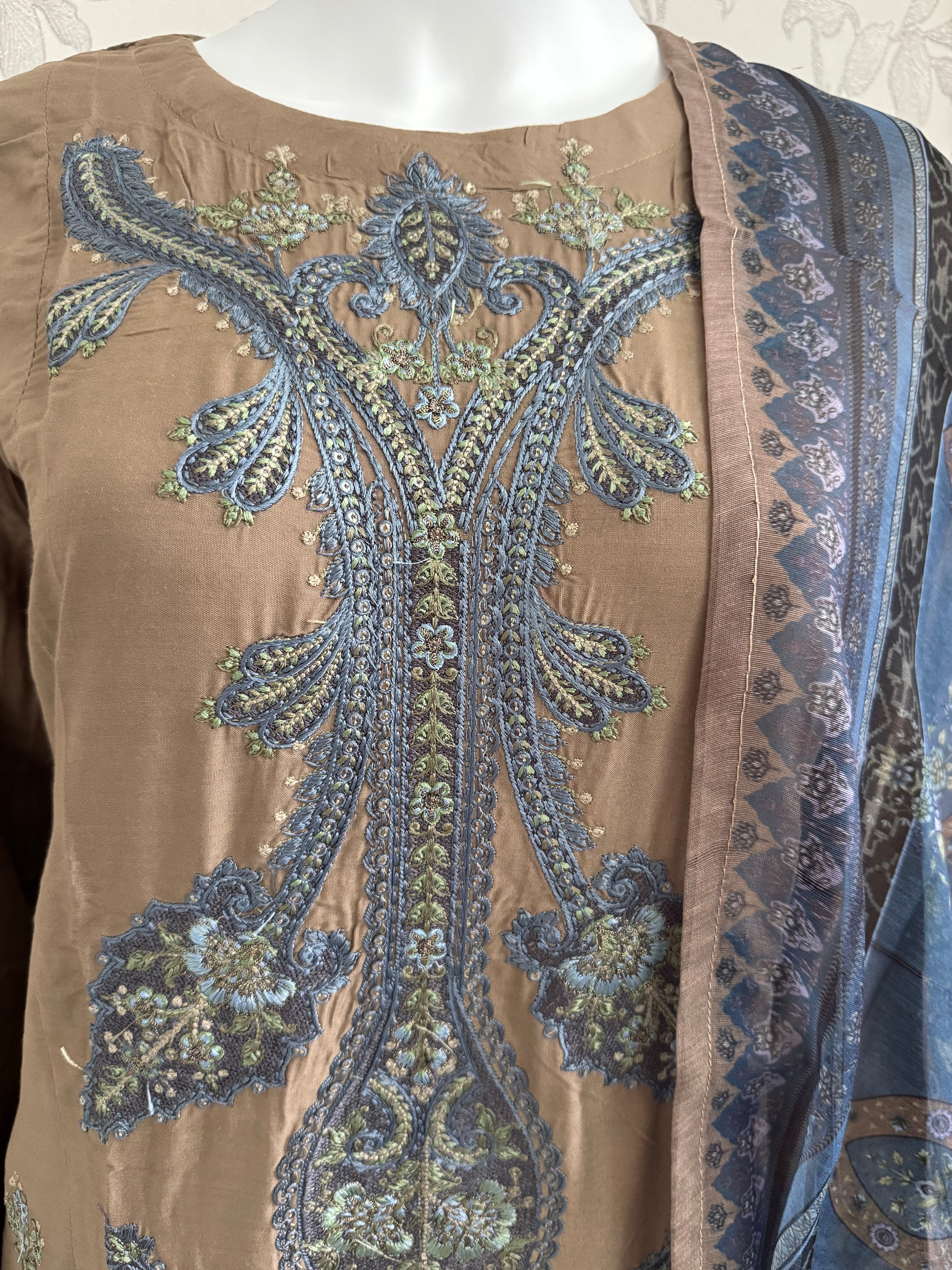 M Prints inspired Embroidered 3-Piece Suit | Pakistani Designer Dress