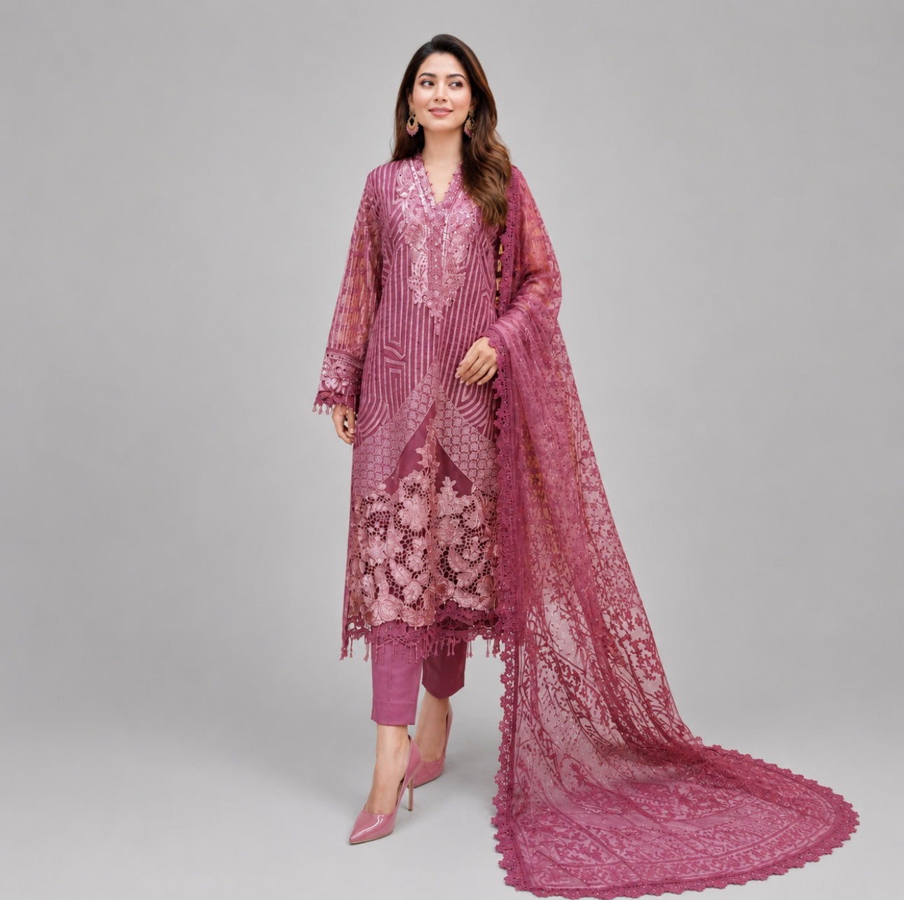 D4 VELVET-Rosewood Pink Elegance Embroidered 3 Piece Luxury Suit