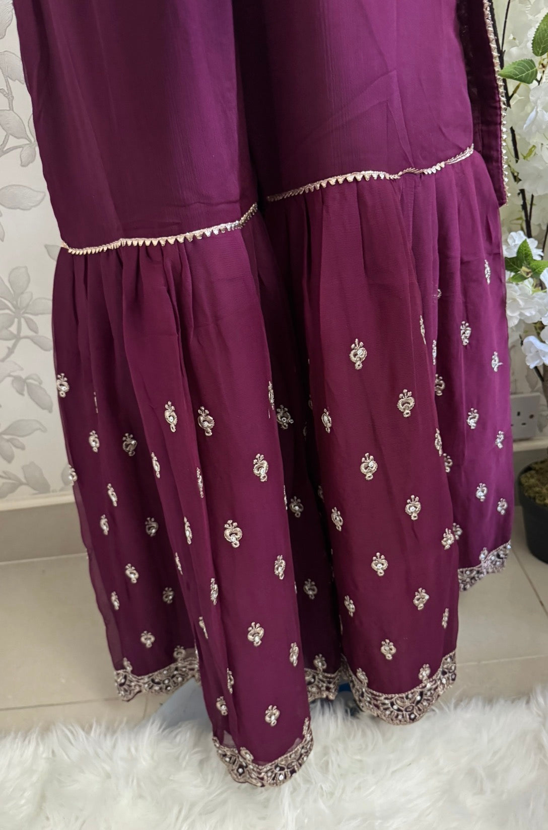 SAFFA- 3 piece Embroidered Chiffon Gharara Suit