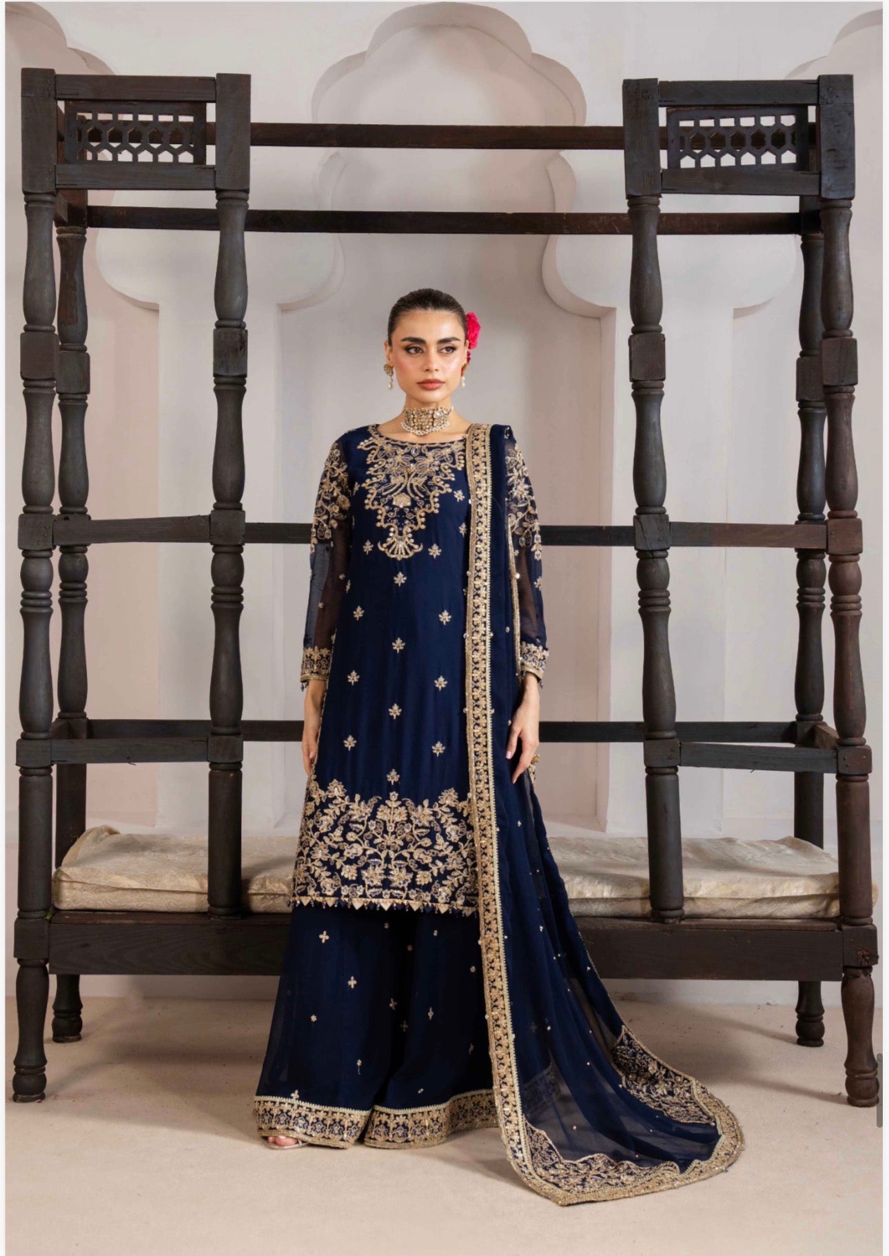 ALANI Navy Blue- 3 pieces Embroidered plazo sharara Suit