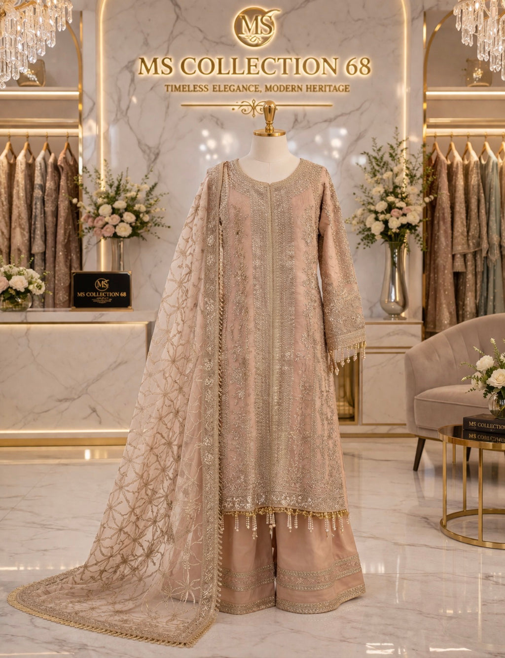 NUREH- 3 pieces heavy embroidered soft organza suit