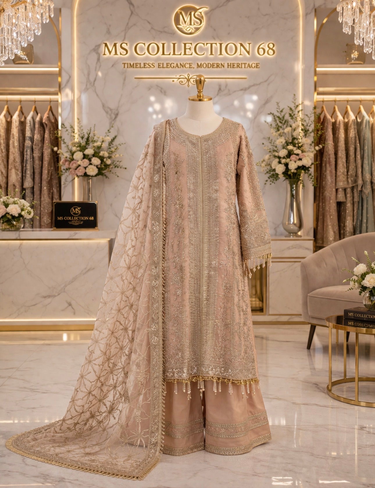 NUREH- 3 pieces heavy embroidered soft organza suit