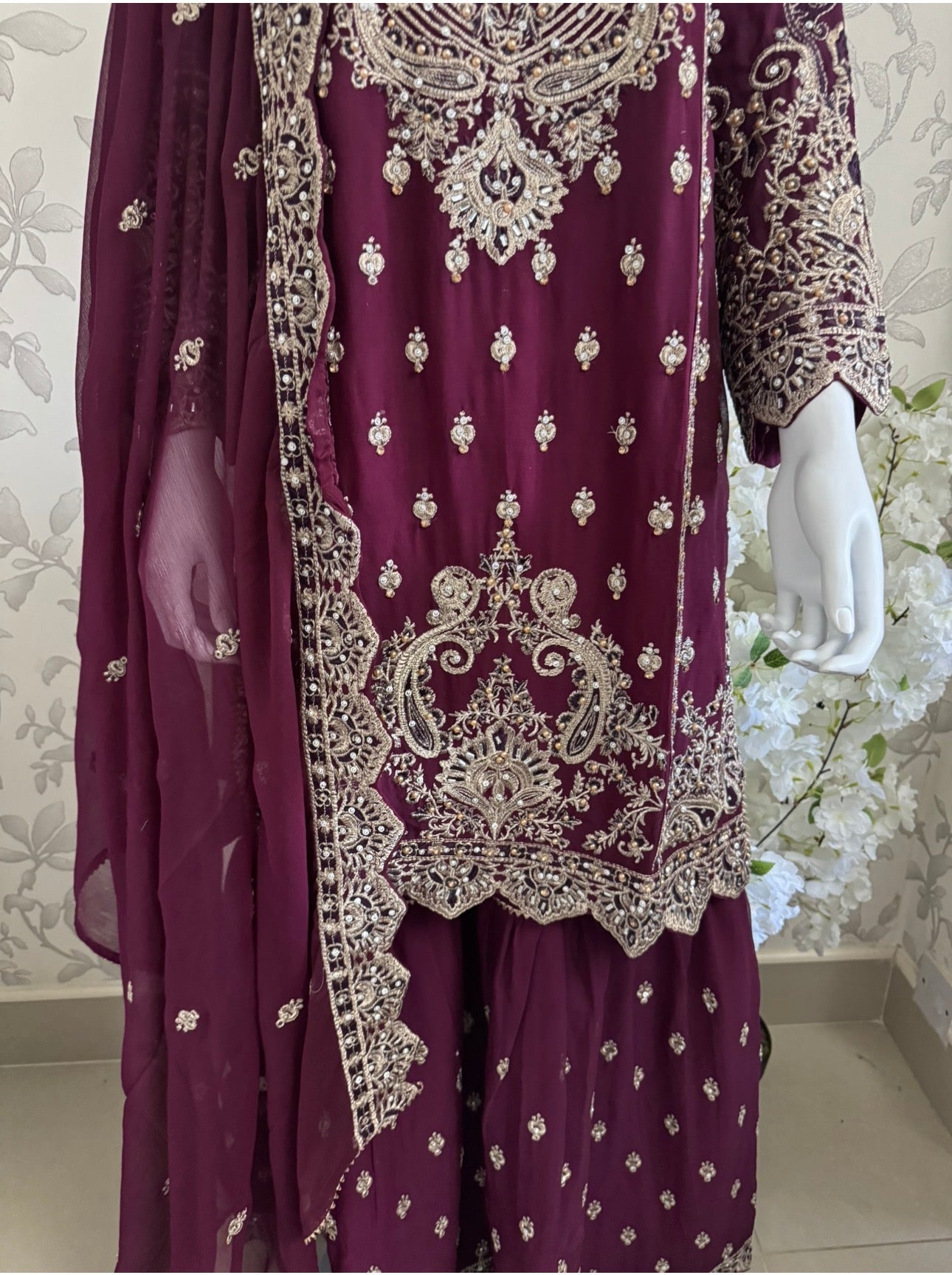 SAFFA- 3 piece Embroidered Chiffon Gharara Suit