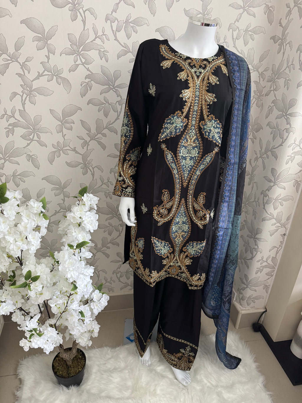 M Prints inspired Embroidered 3-Piece Suit | Pakistani Designer Dress