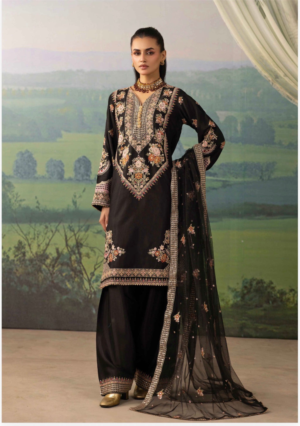 ETHNIC LUX- 3 piece Embroidered viscose Suit