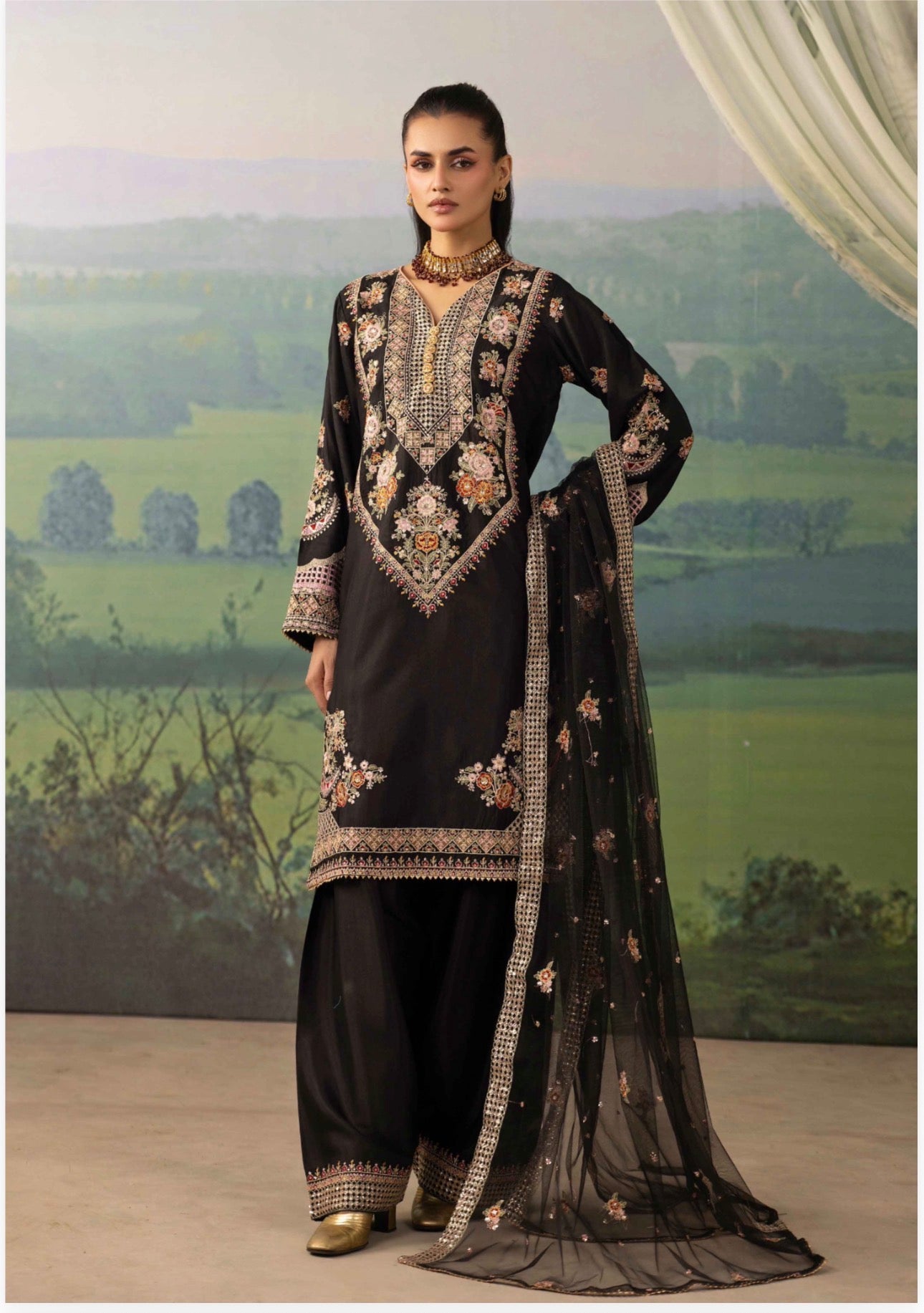 ETHNIC LUX- 3 piece Embroidered viscose Suit