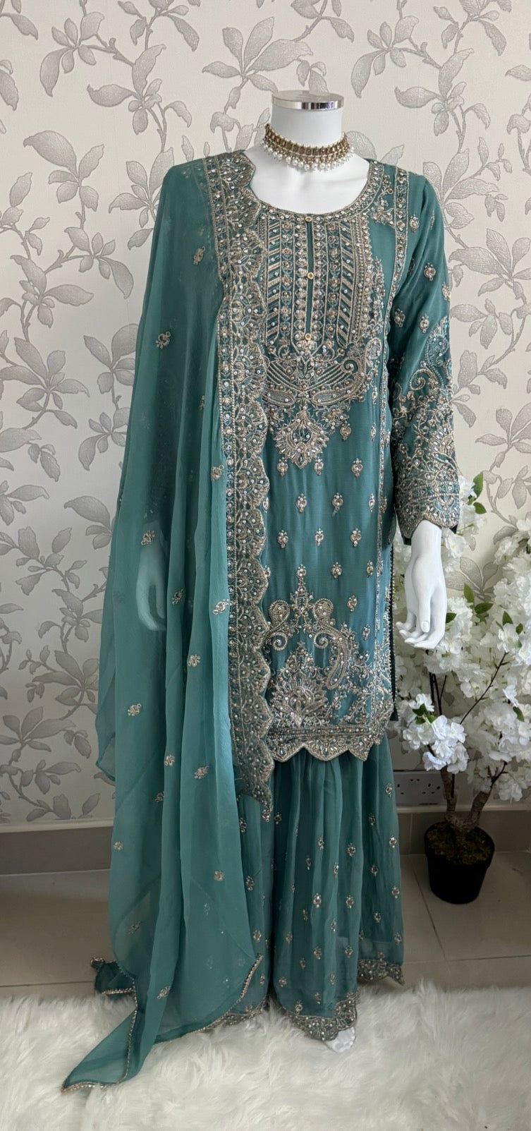 SAFFA- 3 piece Embroidered Chiffon Gharara Suit