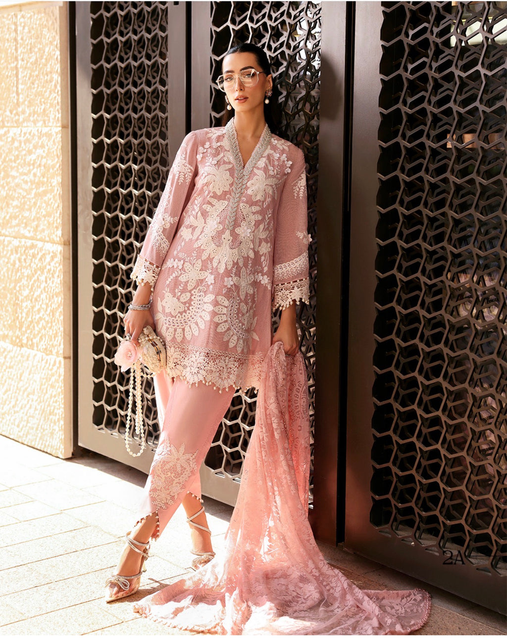 Rose Quartz-3 piece Luxury Embroidered khaadi Net Suit