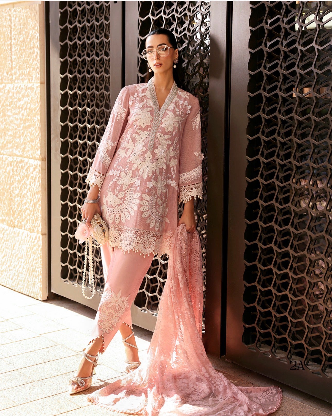 Rose Quartz-3 piece Luxury Embroidered khaadi Net Suit