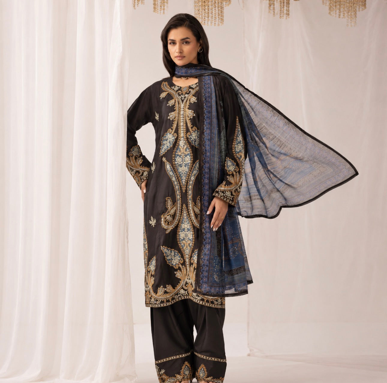M Prints inspired Embroidered 3-Piece Suit | Pakistani Designer Dress
