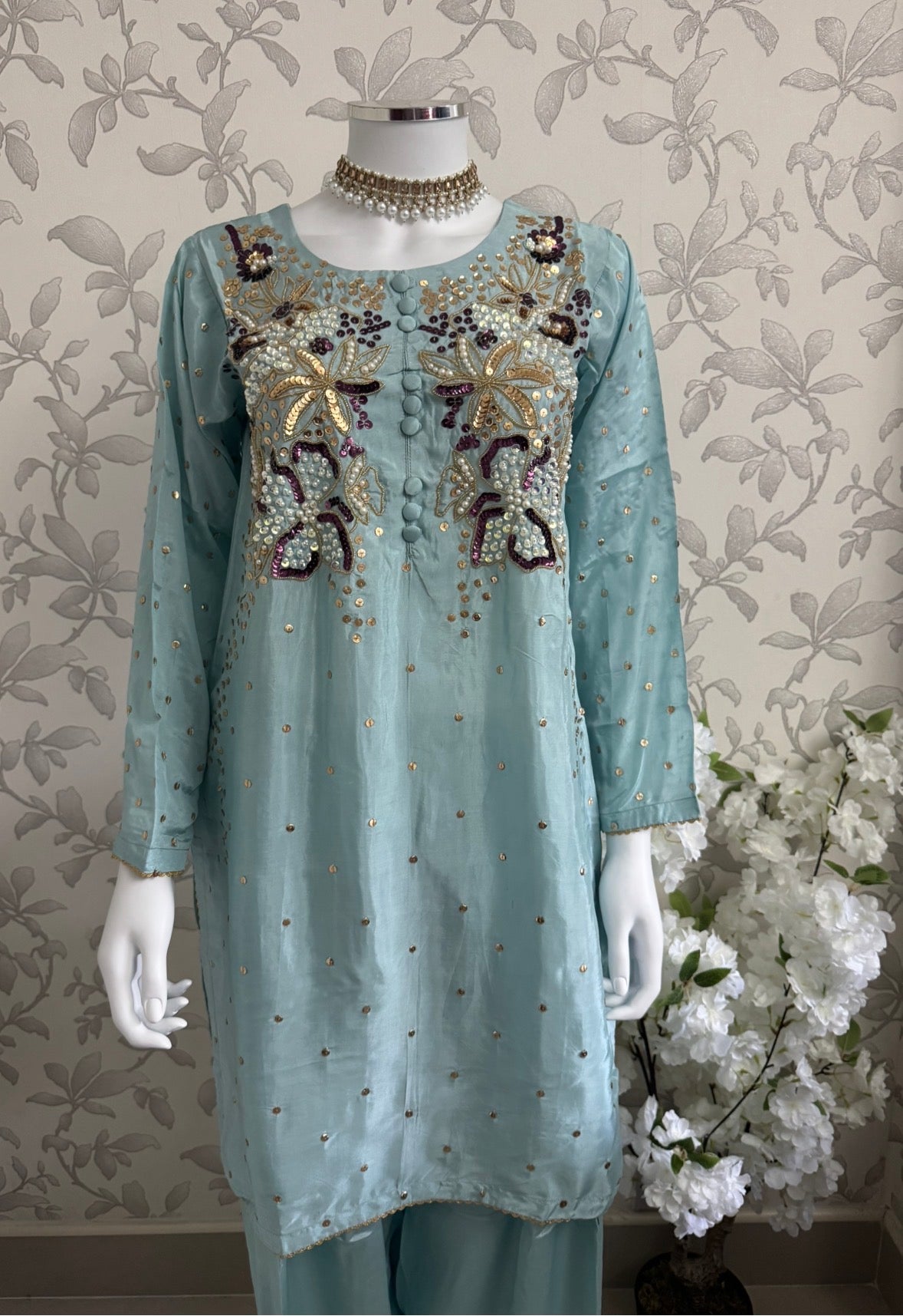 SILKY CHARM- 3 piece sequins Embroidered Silk Suit