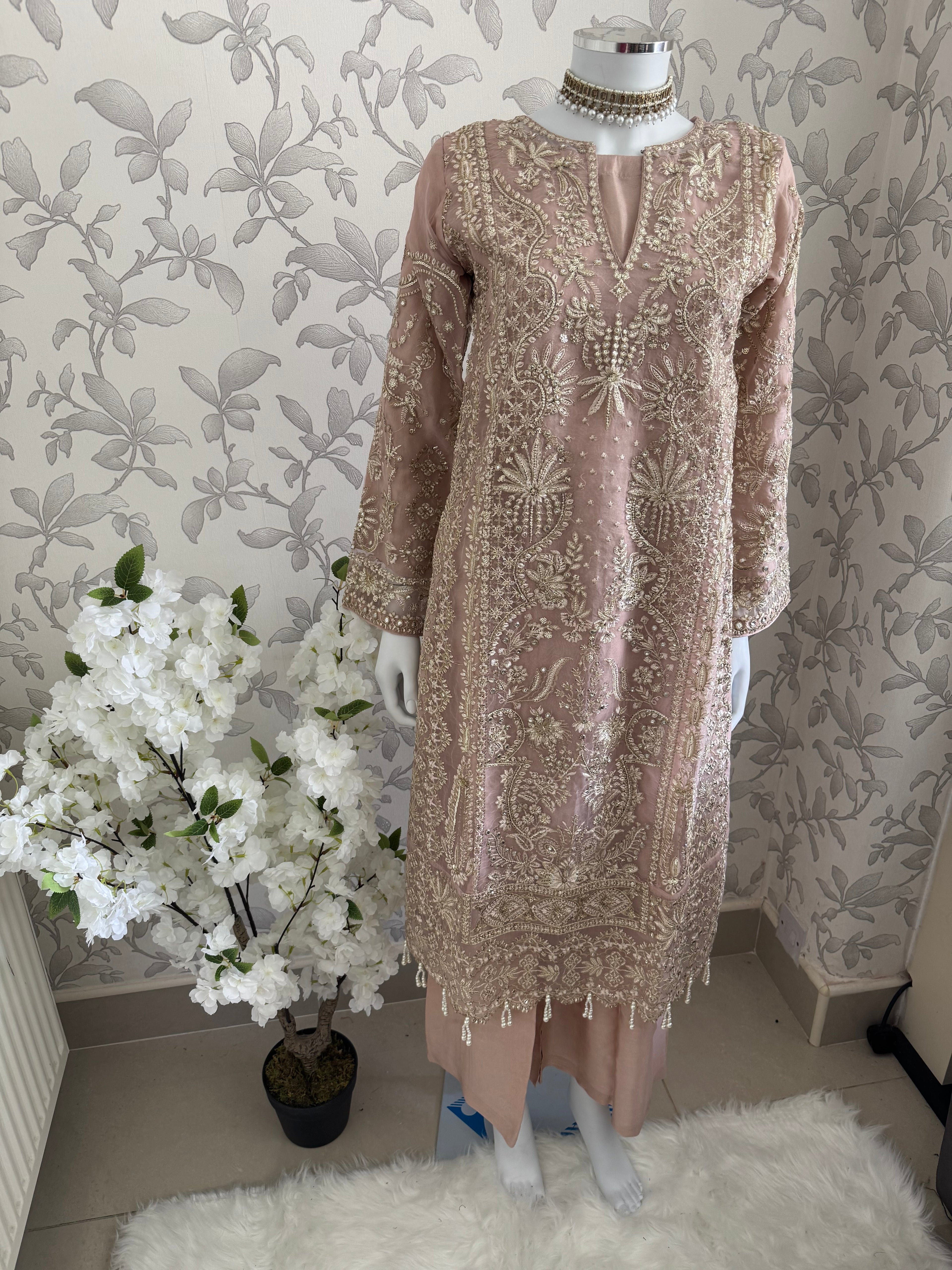 AFROZ Blush Pink- 3 piece Embroidered soft Organza suit