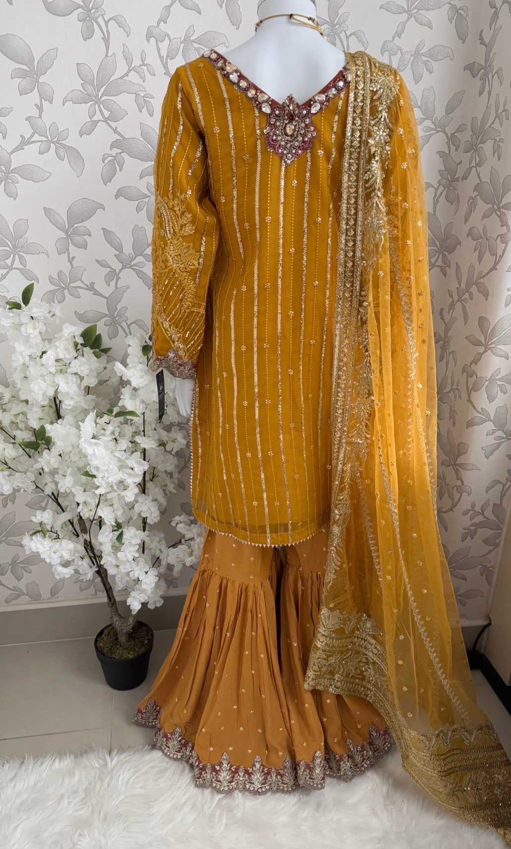IMROZIAA- 3 piece Embroidered chiffon Gharara Suit