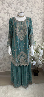 SAFFA- 3 piece Embroidered Chiffon Gharara Suit