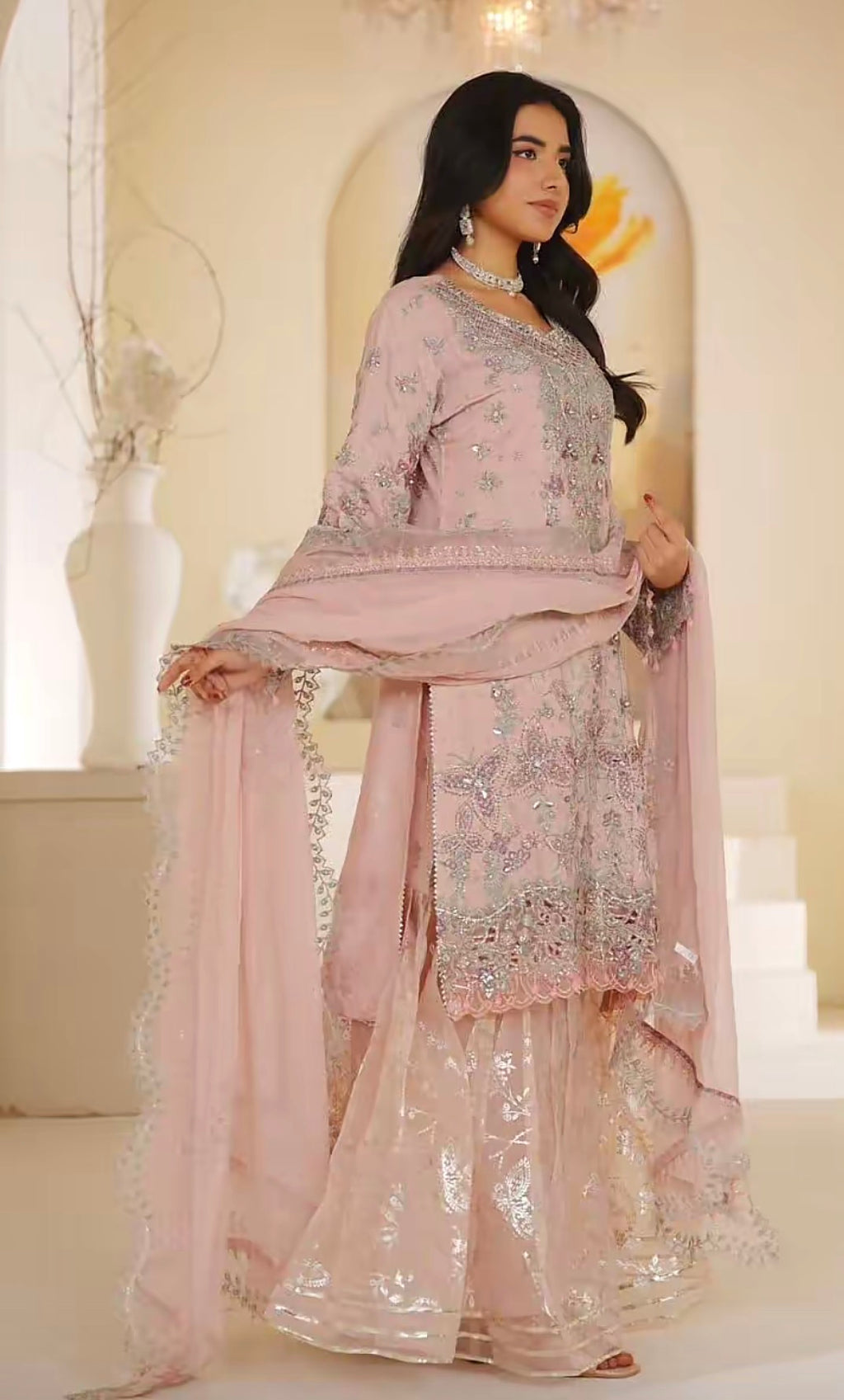 Blush Pearl Embroidered 3-Piece Luxury Sharara Suit with Chiffon Dupatta