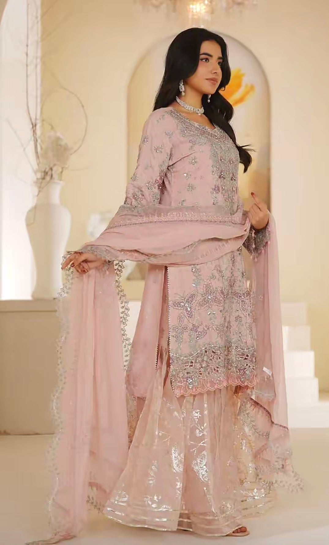 Blush Pearl Embroidered 3-Piece Luxury Sharara Suit with Chiffon Dupatta