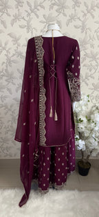 SAFFA- 3 piece Embroidered Chiffon Gharara Suit