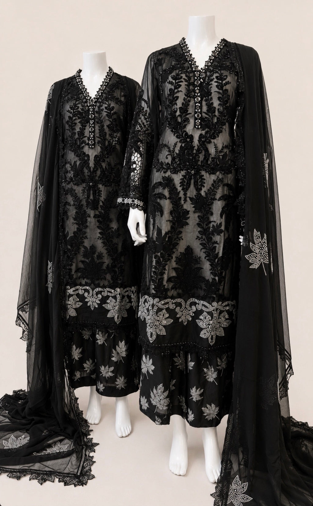 Midnight Noir- 3 piece Luxury Embroidered Chiffon Suit