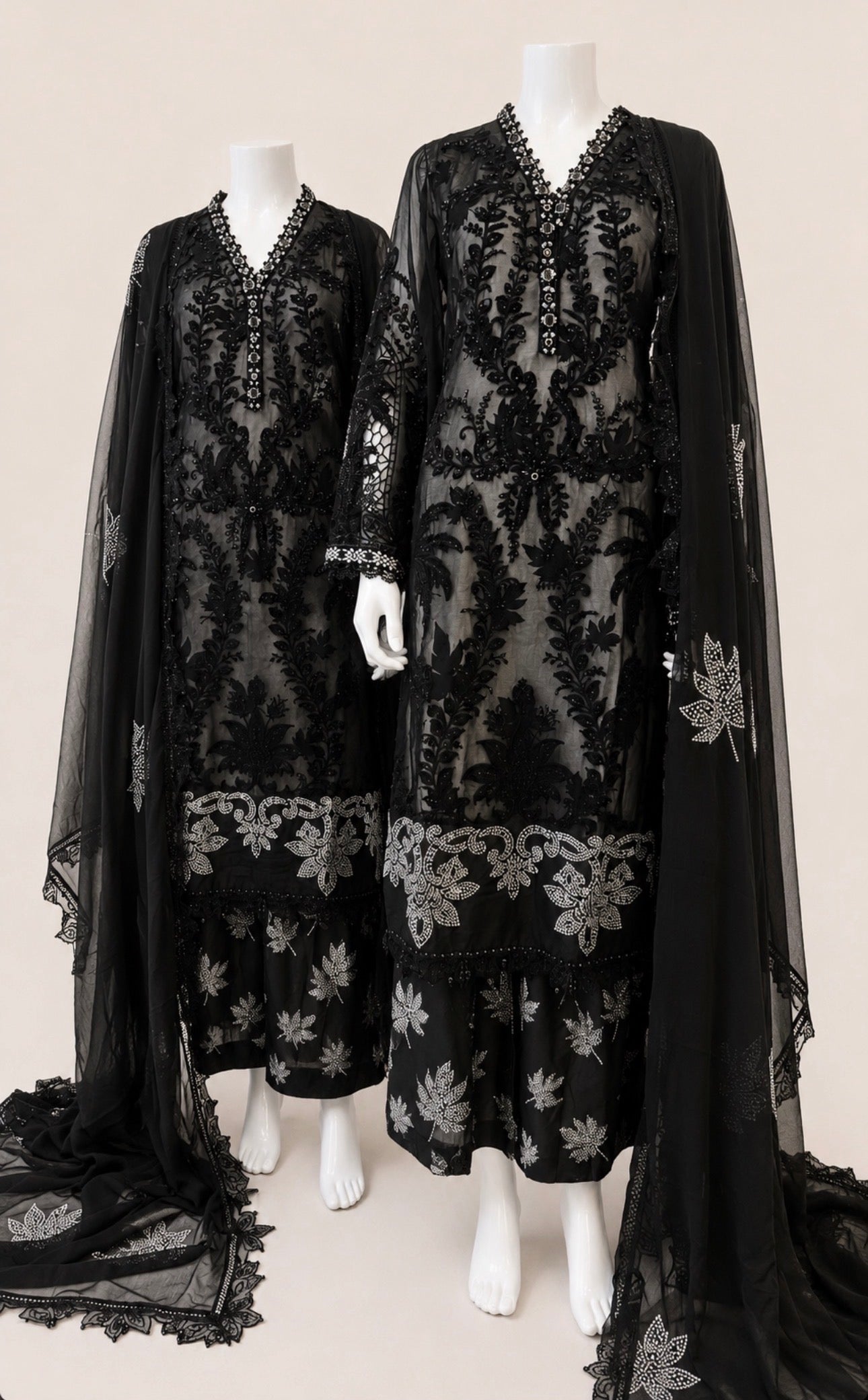 Midnight Noir- 3 piece Luxury Embroidered Chiffon Suit