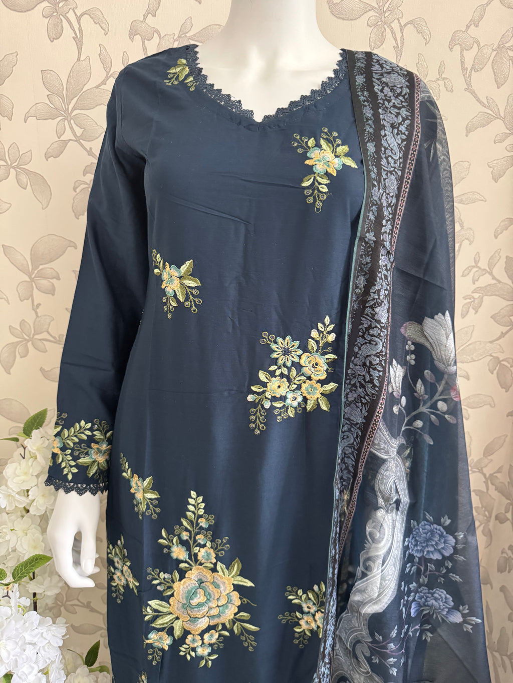 M Prints inspired Embroidered 3-Piece Suit | Pakistani Designer Dress