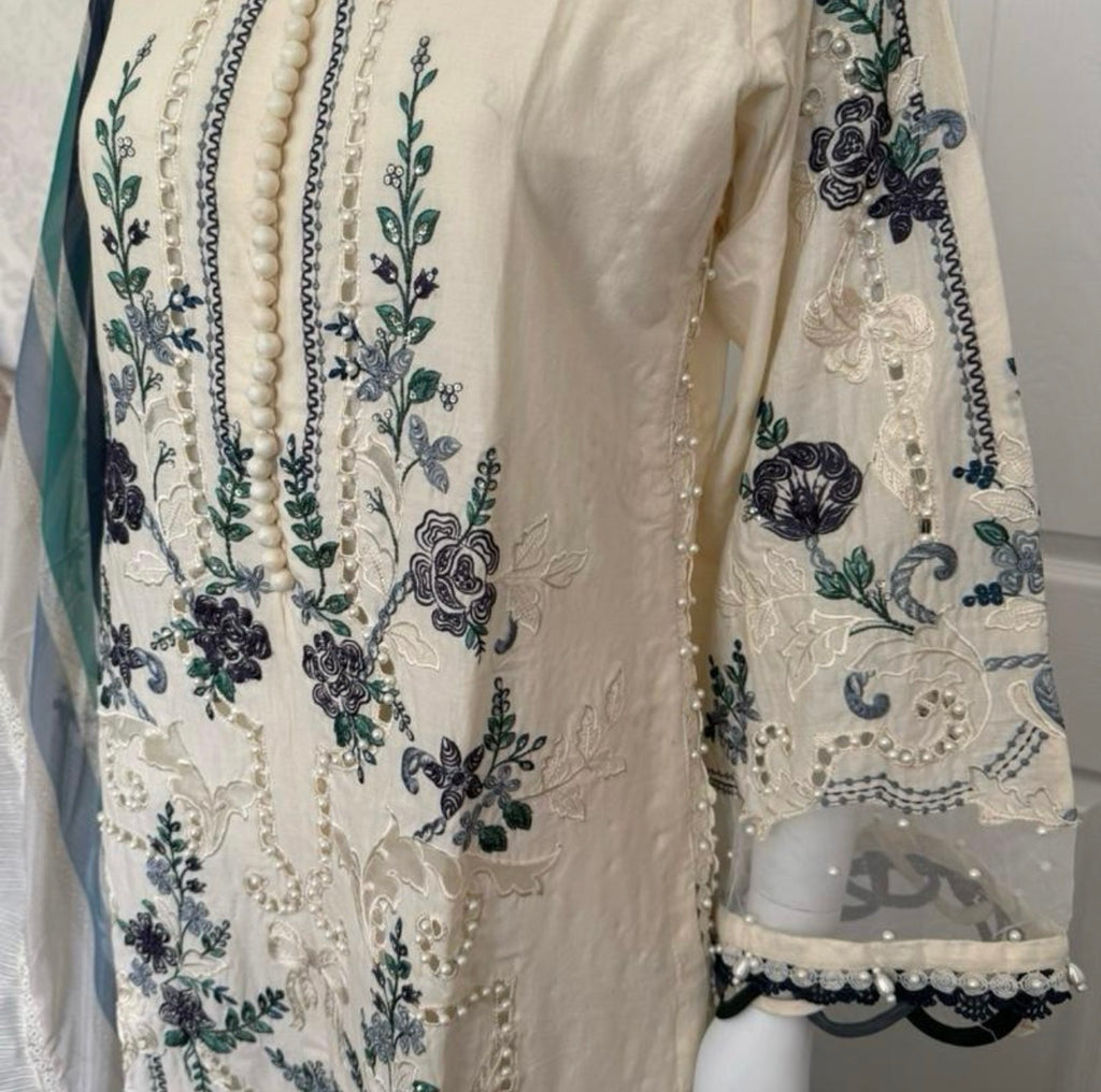 Azure Bloom- 3 piece Luxury Embroidered Suit