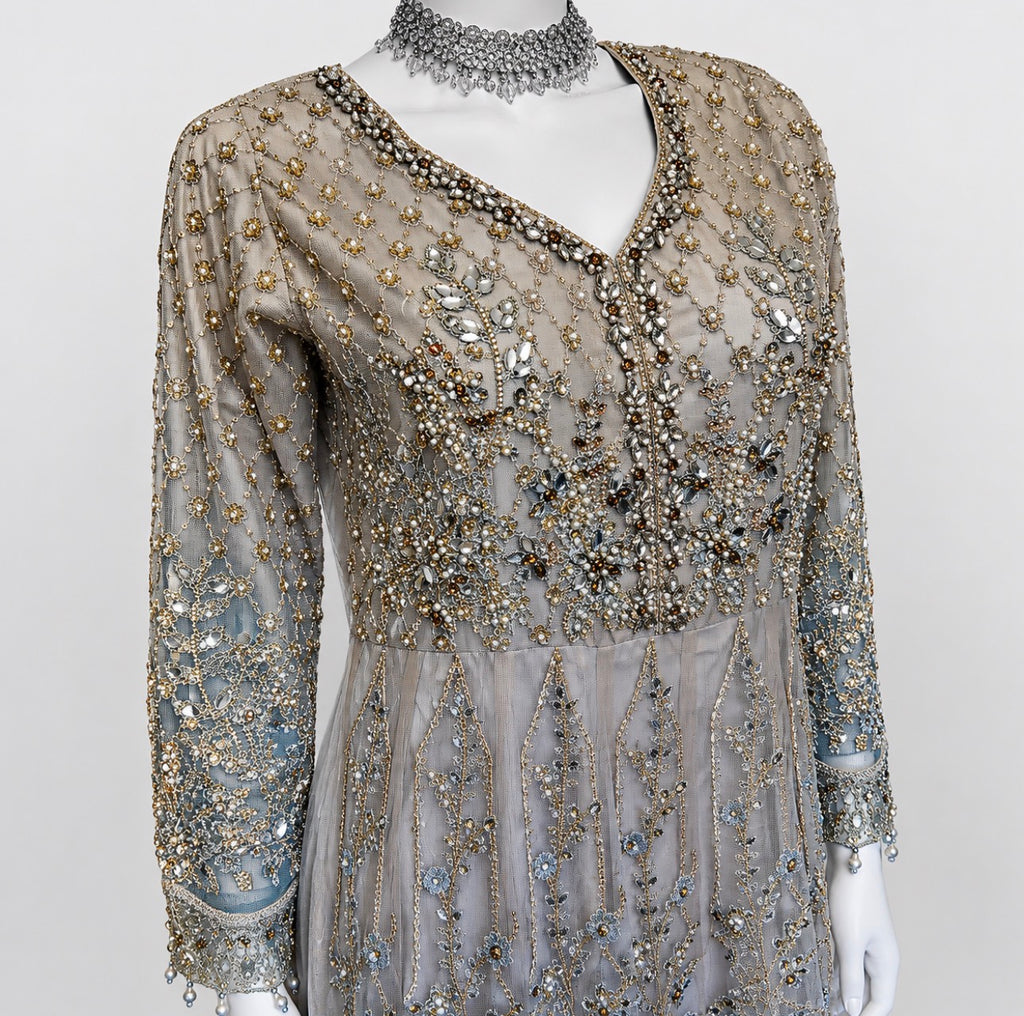 MASHAL- 3 pieces Embroidered Net Maxi Dress with embroidered organza Duppatta