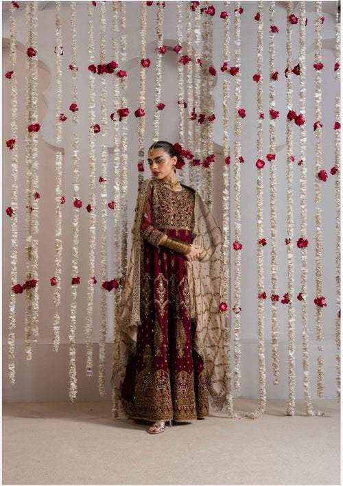 ALANI Royal Maroon- 3 pieces heavy embroidered chiffon Maxi Dress