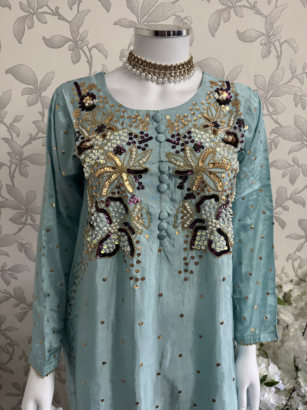 SILKY CHARM- 3 piece sequins Embroidered Silk Suit