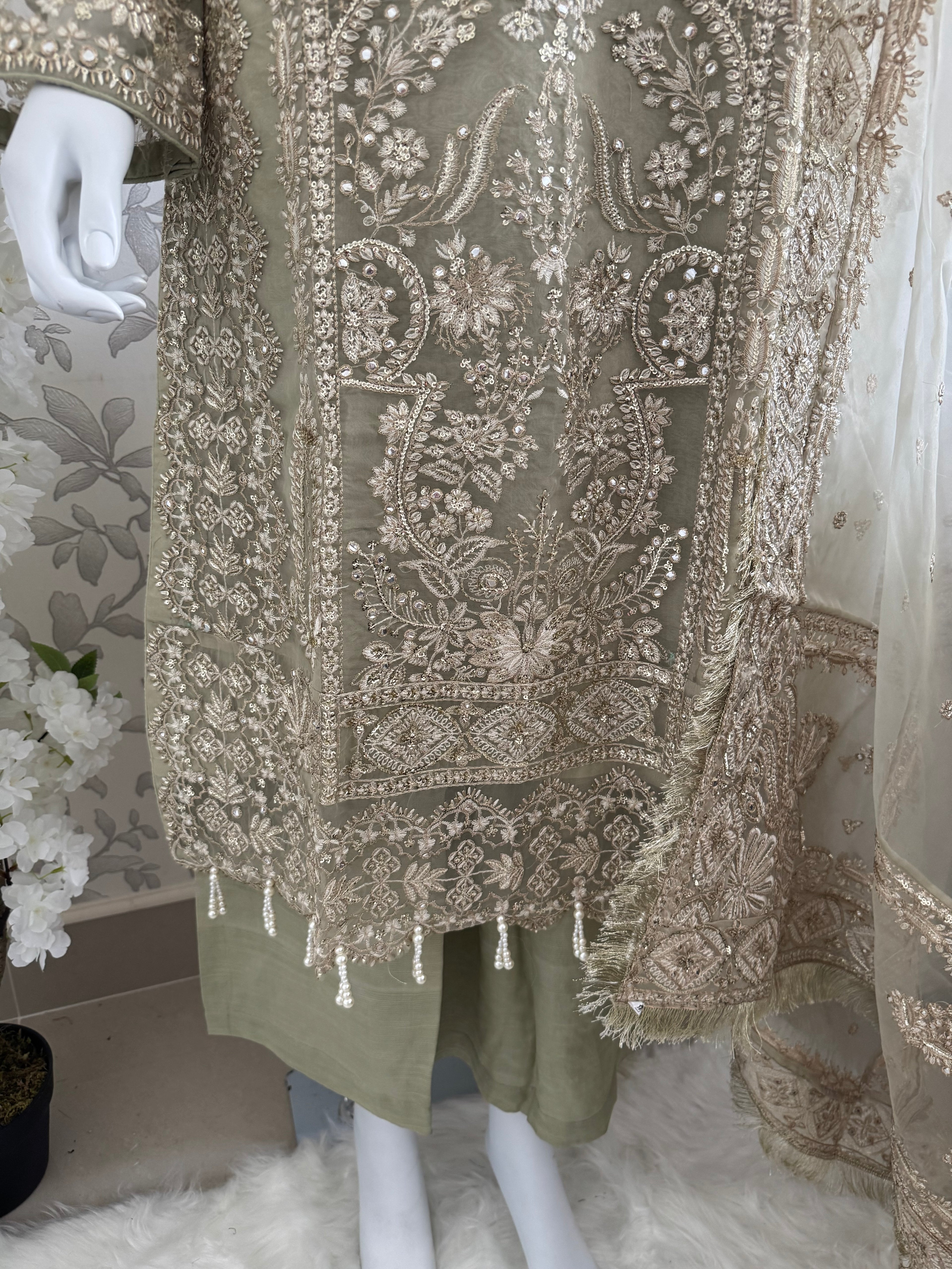 AFROZ Sage green-3 piece Embroidered soft Organza Suit
