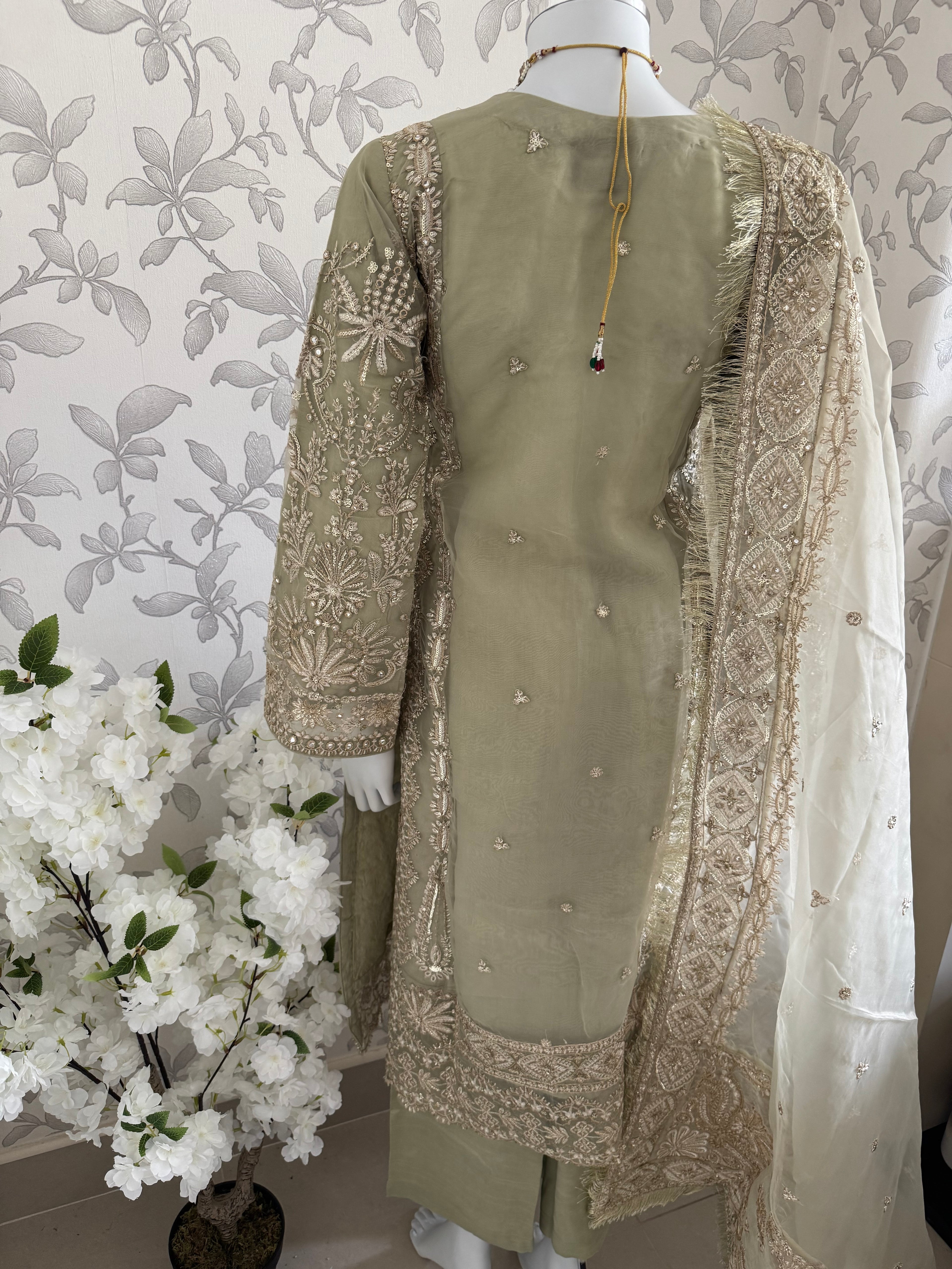 AFROZ Sage green-3 piece Embroidered soft Organza Suit